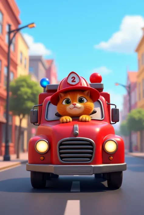 A bright red fire truck speeding down the street, with an orange anthropomorphic cat wearing a small firefighter's helmet sitting on the dashboard, surrounded by a lively cityscape under a clear blue sky. 3D-pixar.