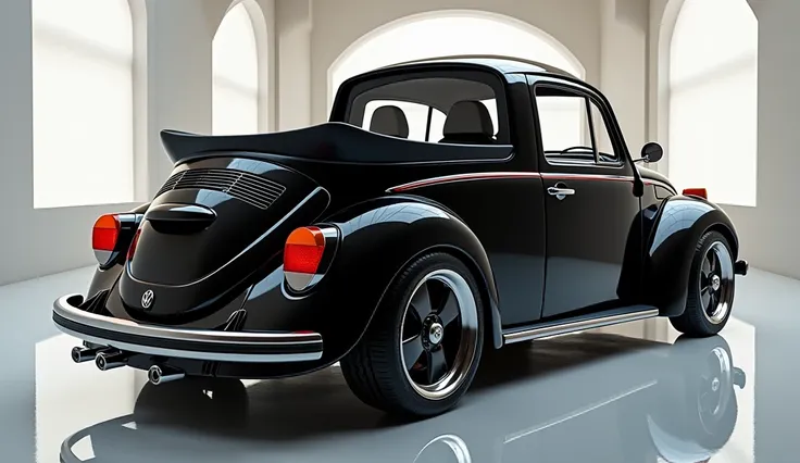 A Sleek And Full HD Realistic 1997 Volkswagen Beetle Pickup) A black Shiny Exterior And Parked In Luxurious Showroom And  full back View

