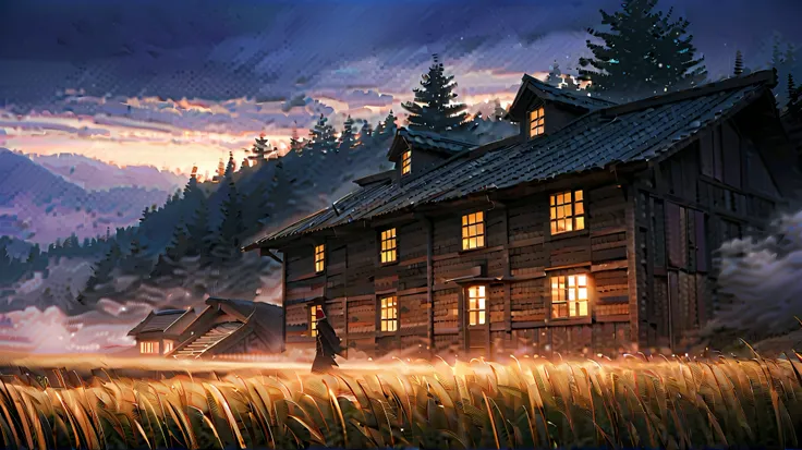 Old slavic village, view from the sand road, old blue wooden house downhill, woden windows, fog, strong fog, dark weather, dramatic weather, evening, dim light in the windows, yellow grass, 16k, extremely detailed, high resolution, dynamic perspective