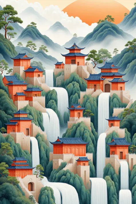  depicting a landscape with waterfalls and waterfalls,  The dreamy Chinatown , detailed painting 4k , Realistic complex building painting , Chinese Village, Landscape Art Detail , Japanese village , detailed 4k painting ,  landscape artwork , highly detail...