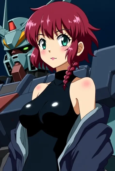  Mobile Suit Gundam The Witch of Mercury,  Very short curly bangs that are red and rise above the eyebrows,  braided side hair, sleeveless black glossy bodysuit, A jacket with an open zipper, Pilots fighting inside the Gundam cockpit,  full body picture , ...