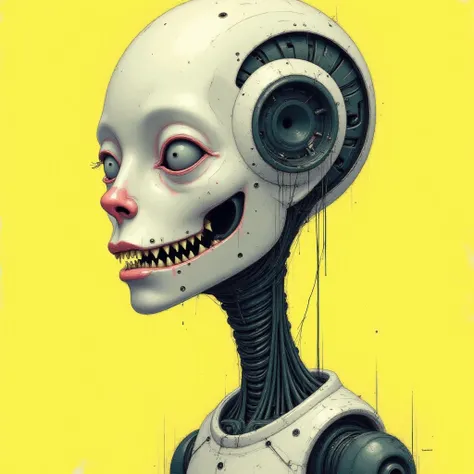 ((Super detailed, highest quality)), Technical illustration, 1 beautiful AI robot, head and shoulders pose, golden ratio face, masterful expression, ray tracing, color, yellow-green background: 1.3, (masterpiece)