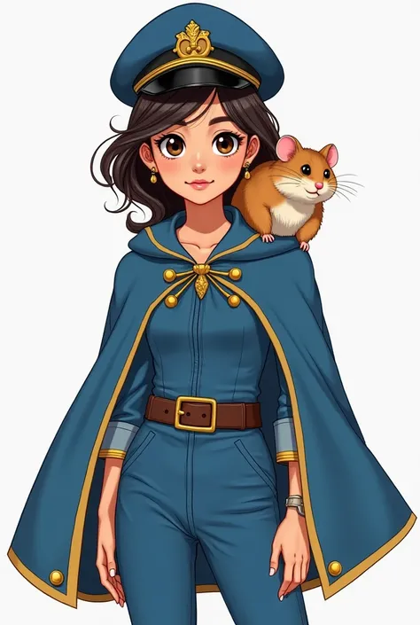 A young adult girl , she is wearing a blue jumpsuit with gold elements,  she is also wearing a blue cloak with gold elements ,  on her head, a captain's hat with gold elements , a hamster sits on her shoulder ,  The hamster's body is brown ,  light-colored...