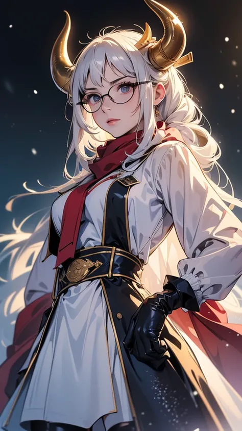 ((Official Art 1 .5))(( Extremely Delicate Face :1.2)) One Girl,  Silver Hair,  stylish glasses,  Japanese , ((Yamato)), Mr.々A pose, Mister.々 cute costume that shines on camera ,((2 horns from the head))  fashionable clothes that are fastened up to the col...