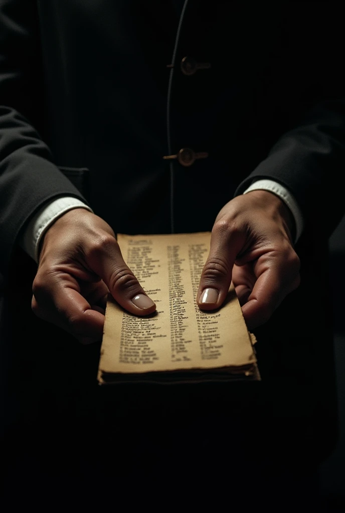 An image of a man holding a list of people's names only his hand's are visible background black make it look like he buying them to save their life like a movie Schindler's List 