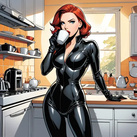 Quality: ((Best quality illustration)), (Excellent), ((Detailed)).
Style: Bruce_Timm style, comic art, fun, humorous, crazy, epic, powerful.
Summary: 1girl, soro, Scarlett_Johansson as Black_Widow (Natasha_Romanoff) , She's drinking coffee in the kitchen. ...