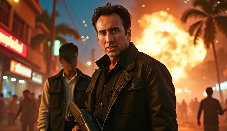 An epic cinematic scene featuring Nicolas Cage in the foreground, staring intensely directly at the viewer. He holds a sleek and futuristic weapon in his hands, exuding a commanding and heroic presence. Beside him, an Asian man stands confidently, also arm...