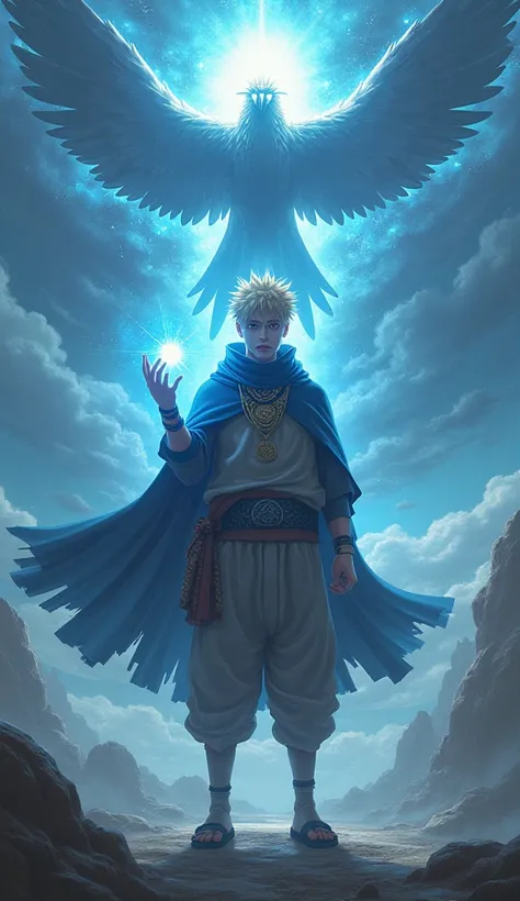 Naruto as a Vishnu-like avatar, holding a chakra in one hand and a Sudarshan Chakra in the other. A Garuda hovers behind him, surrounded by a glowing blue aura.