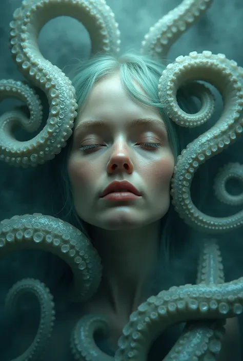 Alien octopus surrounding a woman's head with tentacles 