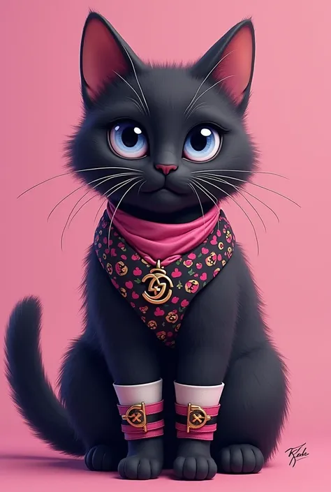 Can you create an cat harnas for my future shop, the vibe is colour purple pink black white cute, unique , high fashion like gucci or lv, But realistic and practical for the cat. You can use different colors. 