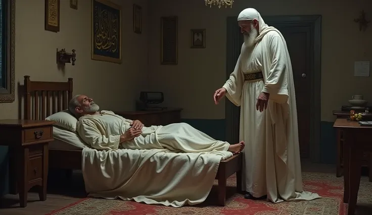 A pious Muslim cleric lay dying on a bed on the ground. Azrael (as) came in the guise of a human to charm his soul.