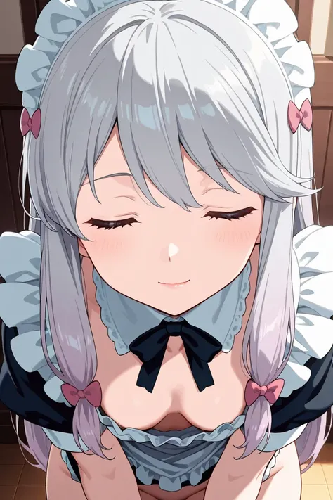  1girl  , alone, masterpiece,best quality, highres icon,highly detailed, Sagiri izumi, Thin chest, cleavage, no bra,  close eyes,  light smile, Put your lips forward, Lift your face lightly, maid clothes,  no panties,  