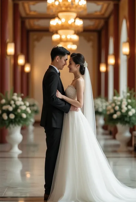 create an asian couple photo that men wear a black suit, women wear a wedding dress, holding hands each other with lovely, looking at the camera, in the wedding hall.