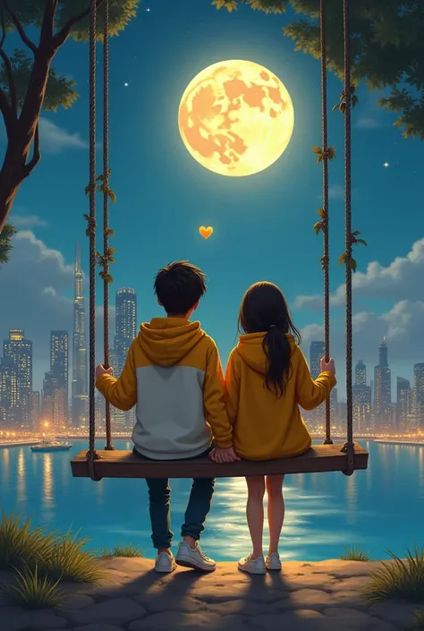 there are 18 Year old couple sitting of front on a swing in the Dubai Burj khalifa view, wearing a yellow and white hoodie, boy with name LIMON, write it,girl with name ARIYA, write on it, lovely couple, sitting on a moon, heart emoji,holding hands in the ...