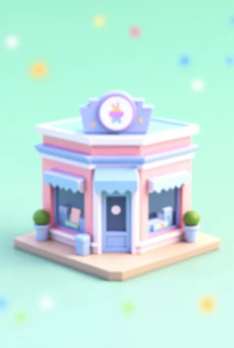 Here is a detailed prompt for generating the shop icon:

---

**Prompt:**  
"Create a 3D miniature storefront with a charming and colorful design. The building should have a rectangular structure with pastel pink walls and white accents, complemented by a ...