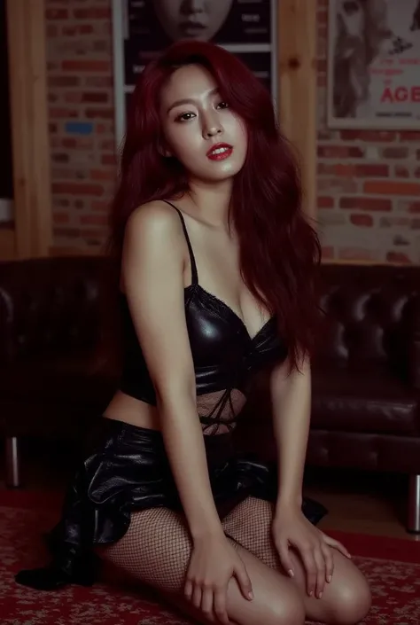 Seolhyun Goth metal pretty Girl. No Tattoo, On her knees. Hands on knees. Pretty face. High detail. Fishnet. Gothic room. Beautiful. Red/black Hair. Poster, Cozy, leather skirt, vampire. Black Lips. Wet Hair, Makeup, Masterpiece, Super Detailed, Textured S...