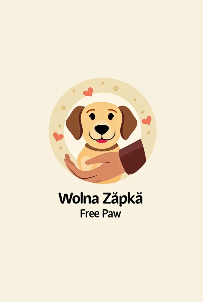 Create a logo with dog holding hand with human and text WOLNA ŁAPKA