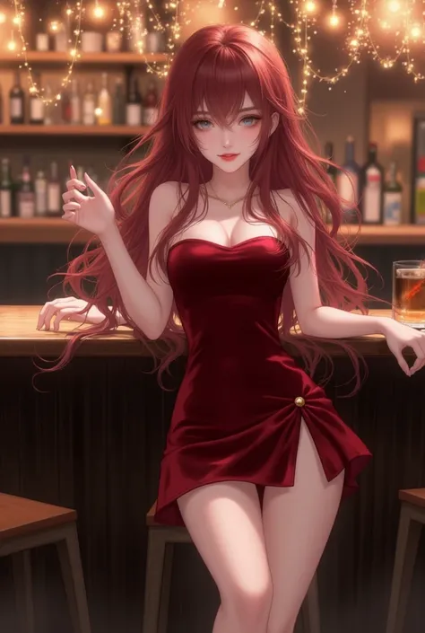 "An anime girl with long, wavy burgundy hair cascading over her bare shoulders. She wears a strapless, velvet-red mini dress with a slit on one side, paired with black stilettos. Her crimson lips curl into a playful smile as she leans against a high-top ba...