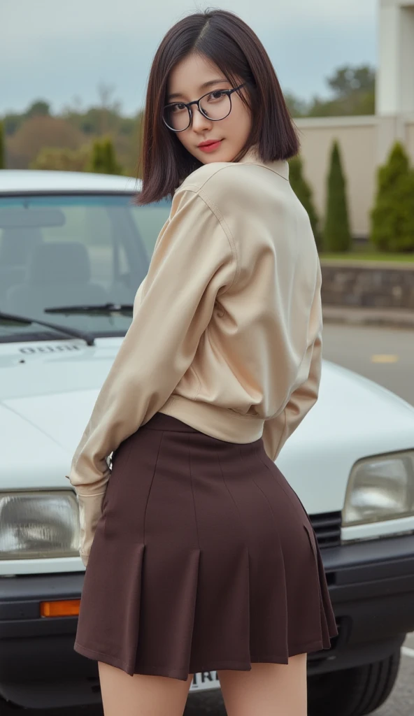  a female student ,  leaning in front of the car ,  facing the camera , use a long oversize shirt until the butt of light beige satin material is not buttoned, underwearless, using a long fishtail model skirt to the feet of dark brown color,   big and roun...