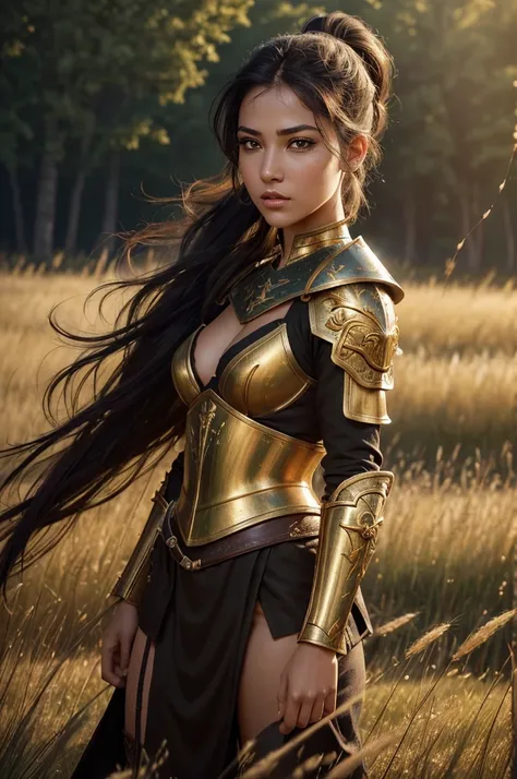 Warrior Princess Kalanis of Grace, looking at viewer, brunette, ((((black eyes)))), (((medieval armor with golden decorations)))), ((((full body)))), detailled lips, detailled skin, ((((BACKGROUND : a field of wild grass with a threatening forest not far a...