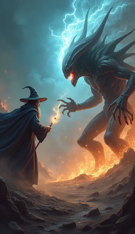 An intense showdown between a mystical wizard and a menacing alien, both locked in an angry standoff, exuding power and fury. The wizard, cloaked in flowing robes, wields a glowing magical staff and radiates an aura of swirling energy, while the alien, wit...