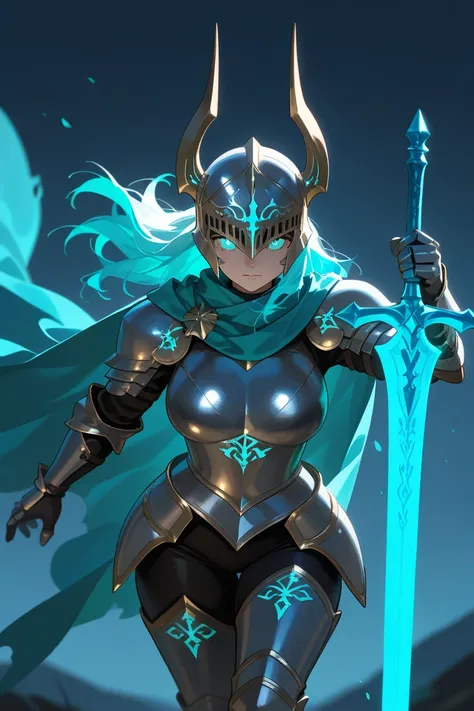 masterpiece, best quality, detailed eyes, 1 girl, solo, large breasts, curvy body,
wearing closed helm, glowing turquoise eyes, realistic armor, full plate armor, battle-worn armor, turquoise cape, scarf, flowing cape, glowing turquoise rune sword, battle ...