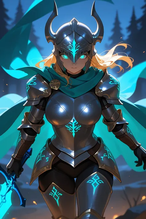 masterpiece, best quality, detailed eyes, 1 girl, solo, large breasts, curvy body,
wearing closed helm, glowing turquoise eyes, realistic armor, full plate armor, battle-worn armor, turquoise cape, scarf, flowing cape, glowing turquoise rune sword, battle ...