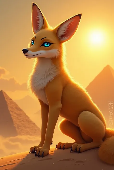 Design a humanoid desert fox titan with a lean, agile, and muscular frame. Its golden fur glows under the desert sun, and its large ears twitch attentively as it surveys the horizon. Its piercing blue eyes reflect ancient wisdom. The titan stands atop a ma...