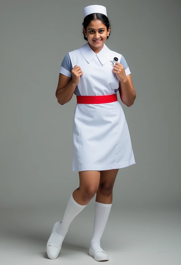 Sri Lanka, 1 girl, first year nurse uniform, red belt, full body, wearing nurse cap, lifting clothes and showing her brest, (Best Quality, 4k, 8k, High , Masterpiece:1.2), (Realistic, Photo  Realistic, Photo-Realistic:1.37), HDR, UHD, Vivid Colors, Physica...