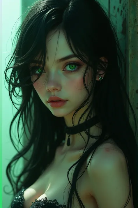 Create for me a female character from the world of Alice in Borderland who has pale skin,  green eyes, long black hair