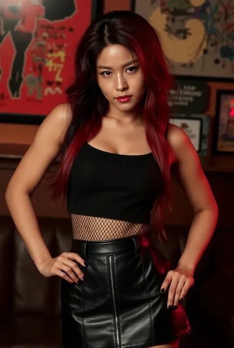 Seolhyun Goth metal pretty Girl. No Tattoo. Hands on hips. Pretty face. High detail. Fishnet. Gothic room. Beautiful. Red/black Hair. Poster, Cozy, leather skirt, vampire. Black Lips. Wet Hair, Makeup, Masterpiece, Super Detailed, Textured Skin, 