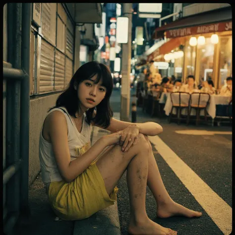  semi-long hair,Hairstyle with visible ears, with bangs,「Elementary school girl」, dirty white tank top on the seat,Shinjuku,I'm staring at people eating at a restaurant from the sidewalk, Snapshot, rough skin,Dirty Skin,night, I'm tired, dirty yellow jerse...