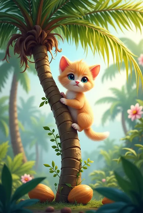 Cute kitten is on top of a coconut tree 