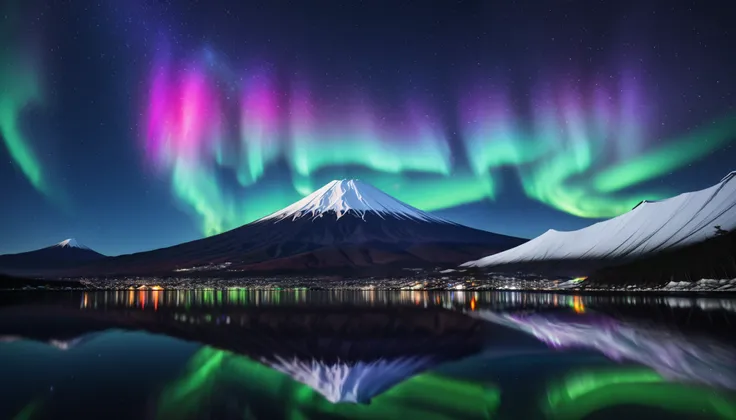 in ultra high quality, high definition , High Quality ,Spectacular views,(とてもThe giant Mt. Fuji up),A huge and realistic aurora dance that dazzles the night sky and covers the entire sky, sky full of stars,(The giant Mt. Fuji up),(Aurora shining brightly ...