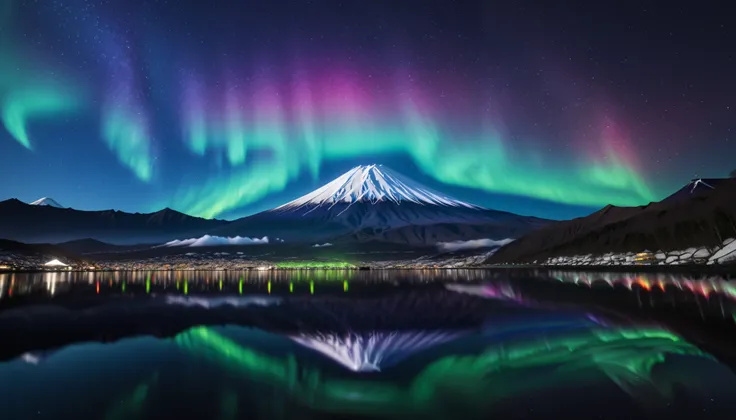 in ultra high quality, high definition , High Quality ,Spectacular views,(とてもThe giant Mt. Fuji up),A huge and realistic aurora dance that dazzles the night sky and covers the entire sky, sky full of stars,(The giant Mt. Fuji up),(Aurora shining brightly ...