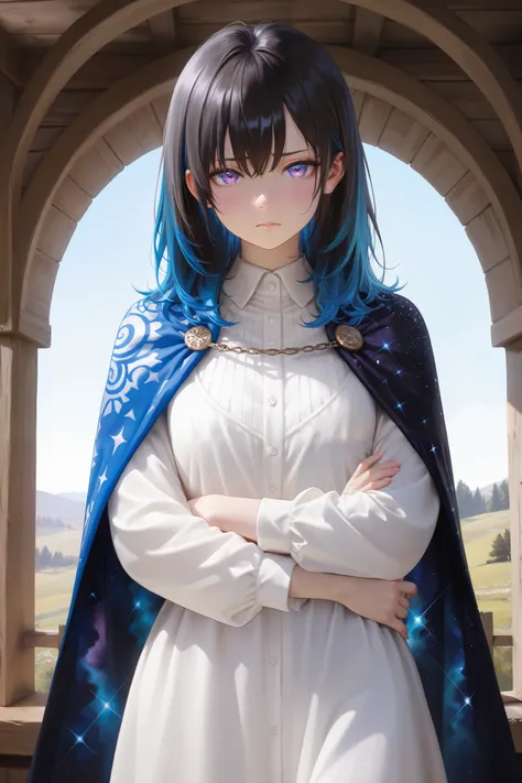 masterpiece, best quality, detailed eyes, semi realistic, 8k, girl, cute, purple eye, milky way pattern shoulder cape, glum, medieval white dress shirts, medium hair, disappointed face, dyed hair, half dye!, split hair dye!, multicolored hair (deep_blue ha...