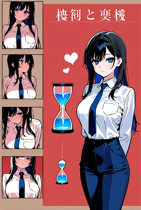 White woman, black hair, long eyes, brown, red, eyes, heart-shaped, beautiful face, beautiful appearance, hourglass, big breasts, big breasts, highlights of the image, wearing a white shirt dress, blue tie, short blue pants, anime drawing. 