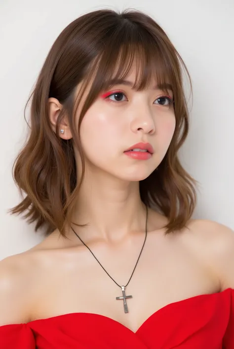 Beautiful Japanese Woman 、、 She is wearing a red off-the-shoulder dress、Red eyeshadow 、Hairstyle: Medium long、wavy hair 、 Light Brown Hair 、 ear piercing、 Empty Expressions 、 necklace、 white backgr