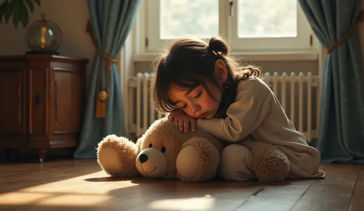 Ultra realistic full-length photo: 1.3. Front view from a distance, full-length from head to toe: 1.3. High detail. 32k. Luxury photo: 1.3.
A  girl of European appearance sits on the floor in her room, hugging a large teddy bear. Her face is sad, her gaze ...