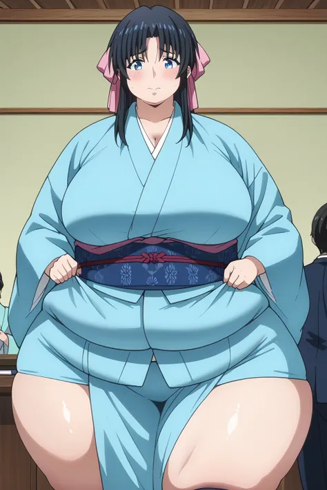 Kaoru Kamiya, Kaoru Kamiya,  long hair、 pink barrette ribbon、bangs、blue eyes、Black Hair、 light blue kimono 、Navy blue Kimono obi ,  kimono,,gigantic breasts,enormous breasts,Sloppy belly fat,Japanese-style room, troubled expression, embarrassed expression ...