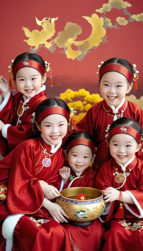 Photo ，Close-up， to show the festive atmosphere of the Lunar New Year 。 The five Chinese twin babies are the protagonists of the picture ， Their lovely faces are filled with happiness The smile ， The red cheeks look extremely appealing 。 The children wear ...