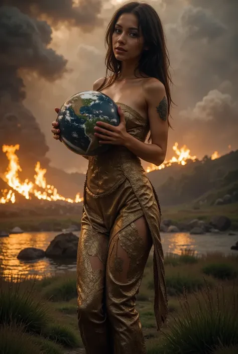 ultra realistic image of mother earth gaia hugging looking at planet earth, more specifically Brazil, containing the flames of the fires, convey depth