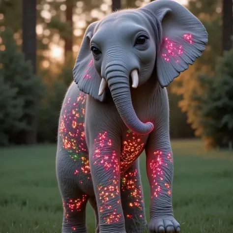 a smaller baby elephant with glowing  colourful tribal-like designs on its skin
