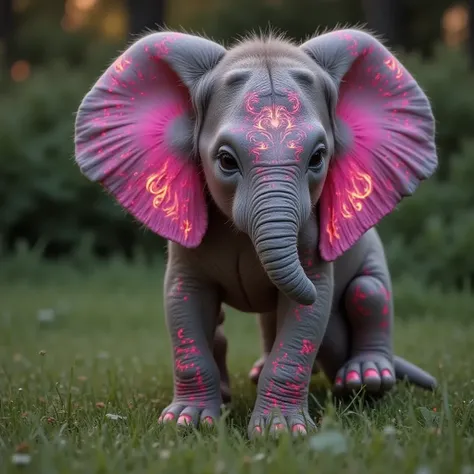 a smaller baby elephant with glowing  colourful tribal-like designs on its skin
