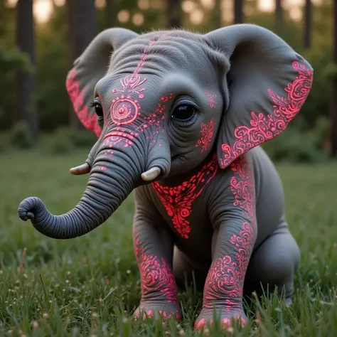 a smaller baby elephant with glowing  colourful tribal-like designs on its skin
