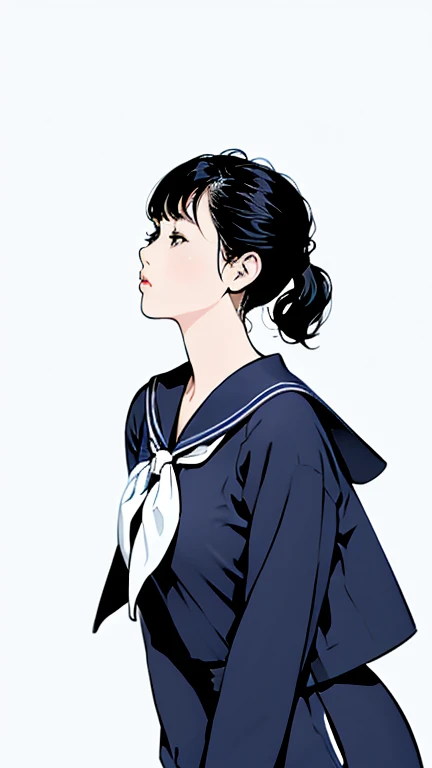 from side,full body,
((leaning forward)),
woman,Very depressive,black hair,Look Up,profile,Upper Body,Sailor suit,Moderate bust,
Asian,