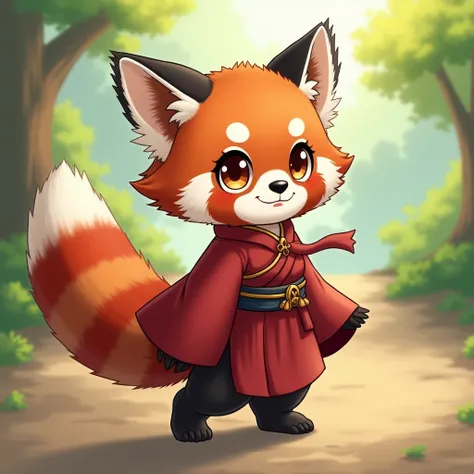 full-length art, very detailed, HD quality, little furry girl red panda, cute and very beautiful, big amber eyes, pose in motion, Japanese medieval clothes, red haori, fluffy tail with red and white stripes, fluffy black ears, cute red panda face, blur bac...