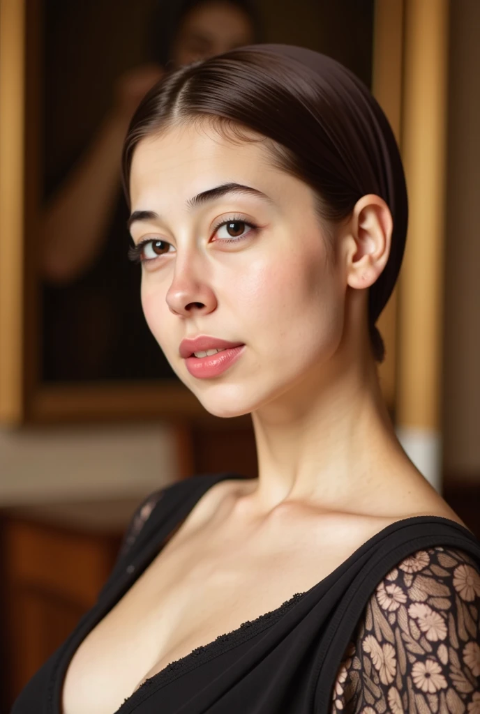 beautiful latina woman, perfect body, short brunette hair, elegant victorian era dress, beautiful indoor background, close-up portrait, detailed face, detailed eyes, detailed lips, intricate details, high quality, photorealistic, dramatic lighting, warm co...