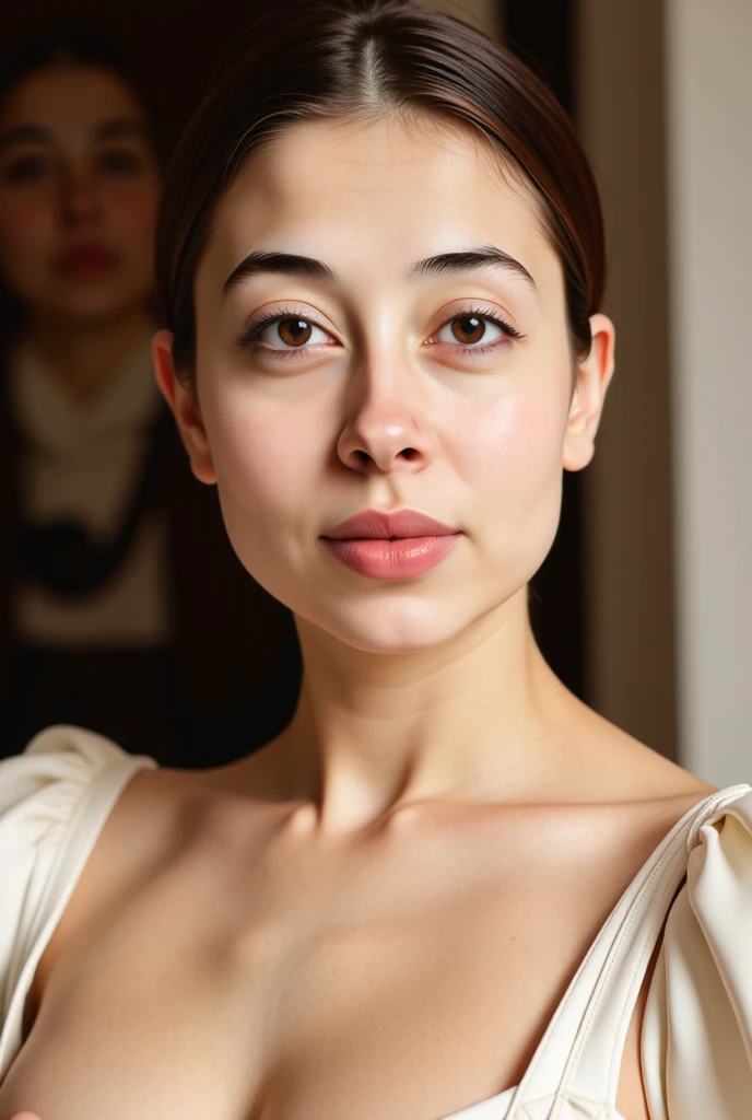 beautiful latina woman, perfect body, short brunette hair, elegant victorian era dress, beautiful indoor background, close-up portrait, detailed face, detailed eyes, detailed lips, intricate details, high quality, photorealistic, dramatic lighting, warm co...