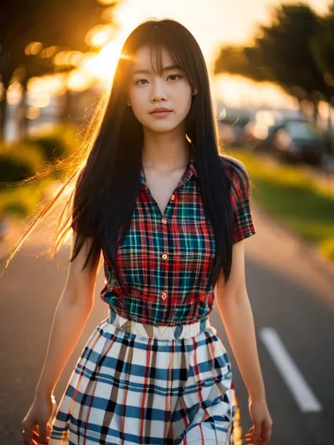  Asian girl looking straight at the viewer , Black hair,  , extra-long hair, 2 meters long  ,   My hair flickers in the wind  .,    Clear belly  ,  tattooed ,    glazed tile skin   , Red cheeks,  very beautiful ,  wearing a red-black plaid short-sleeved sh...